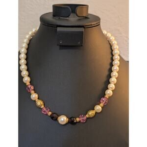 1928 Faux Pearl Purple Pink Gold Bead 17"-19.5" Necklace